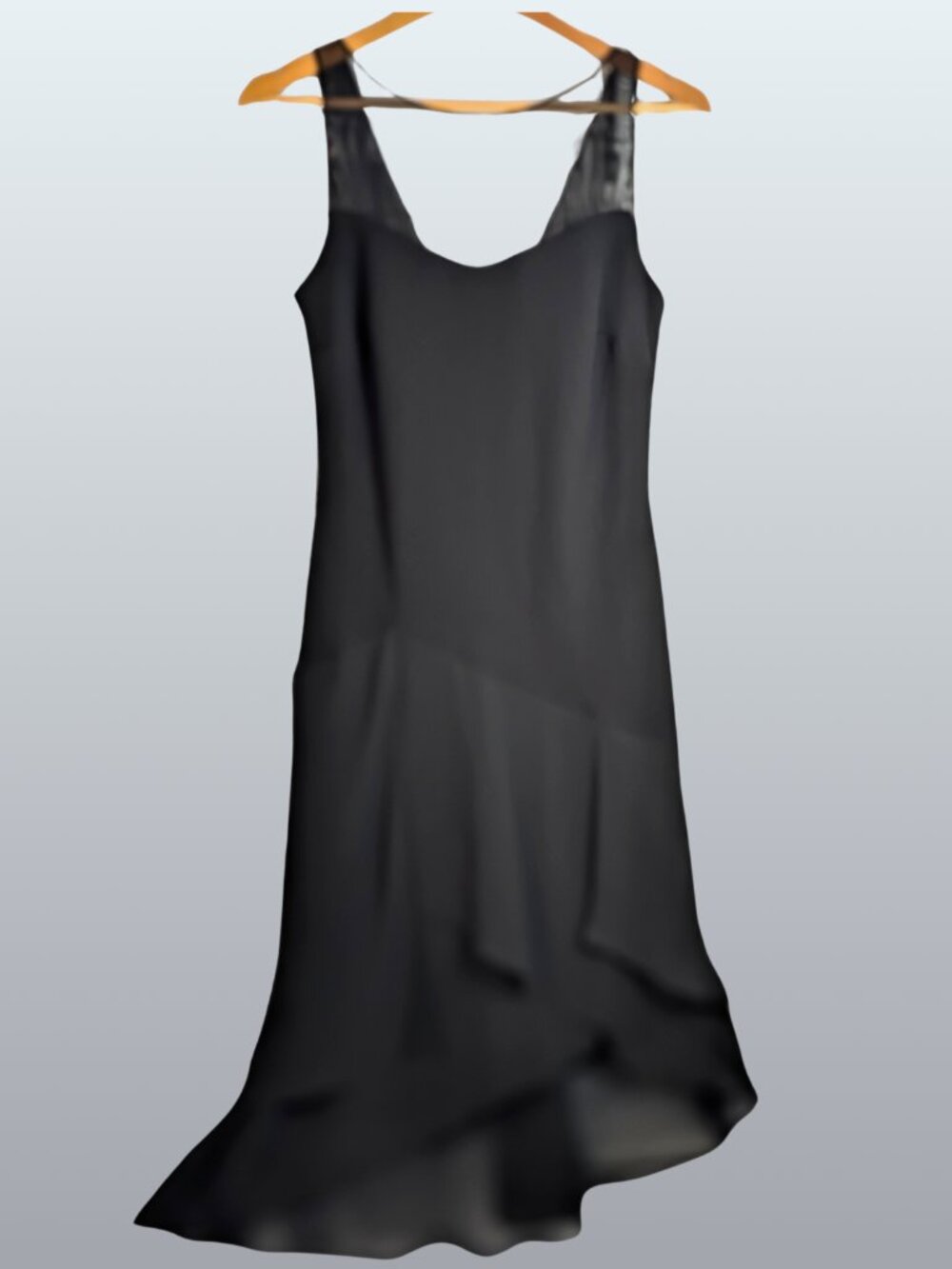 Vintage 90s Black Chiffon Asymmetrical Ruffle Hem Midi Dress 8 Romantic EUC 🖤 - Picture 3 of 15